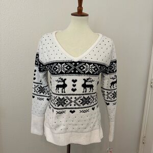 Betsey Johnson V-Neck Sweater with Reindeer Pattern